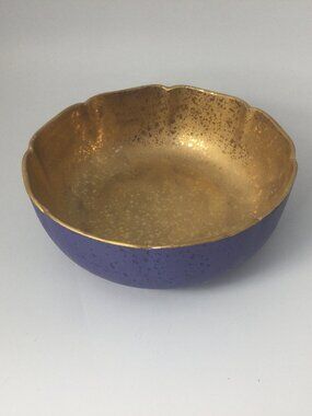 Arita Asian Vintage Ceramic Bowl Scalloped Rim Blue Gold Speckled Luster 7" W